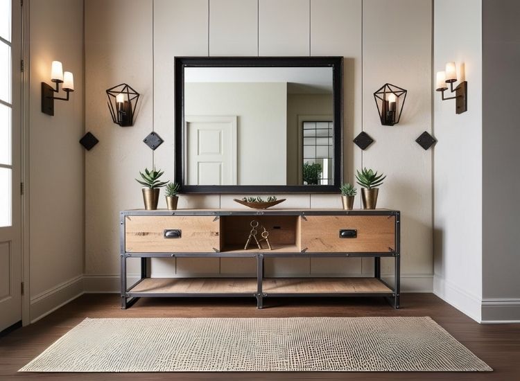 Industrial style console enhancing foyer entrance design with sleek, minimalist lines and urban-inspired decor for a bold entryway.
