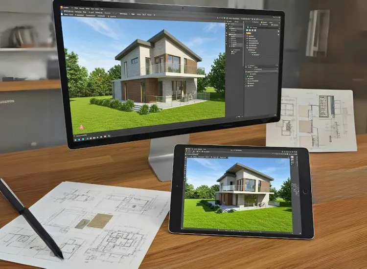 Home front elevation design enhanced by 3D visualization and AR tools, offering a futuristic approach to double-floor design planning.