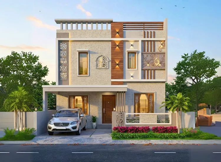 Design a 2BHK house plan with car parking, ensuring smart space utilization, modern aesthetics, and a functional layout for convenience.