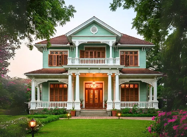 Embrace the charm of a Colonial bungalow-style house front design! A perfect blend of elegance, heritage, and timeless front elevation aesthetics.