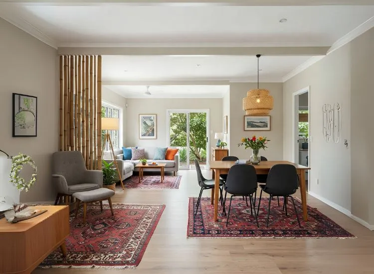 Well-zoned bungalow interior with smart furniture layout, creating distinct living areas while maintaining an open, airy feel.