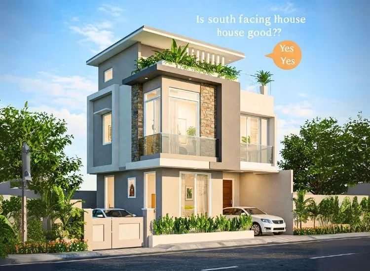 "South facing house design for those seeking vastu benefits, abundant natural light, and an efficient front elevation layout"
