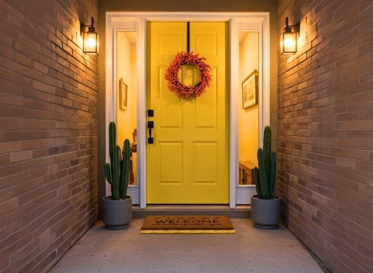 Pop of color on the door brightening foyer entrance design, creating an eye-catching and welcoming entryway with bold hues.
