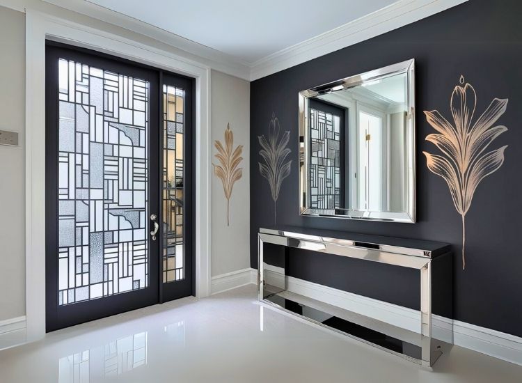Entry screen with patterns adding decorative flair to foyer entrance design, creating a stylish and functional entryway divider.