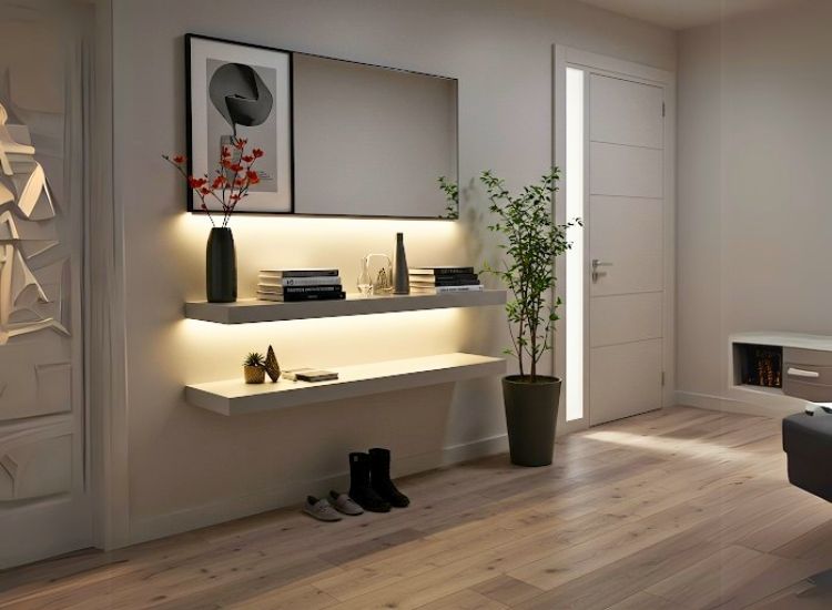 43. LED Floating Console Shelf Entryway Design