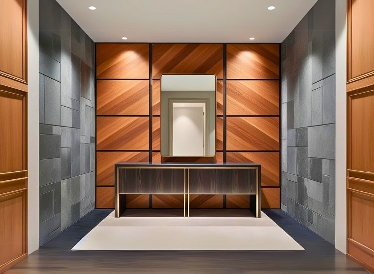Textured wall panels adding depth and character to foyer entrance design, creating a striking focal point in the entryway decor.