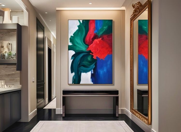 Statement art piece adding a bold, artistic touch to foyer entrance design, creating a striking focal point in the entryway decor.