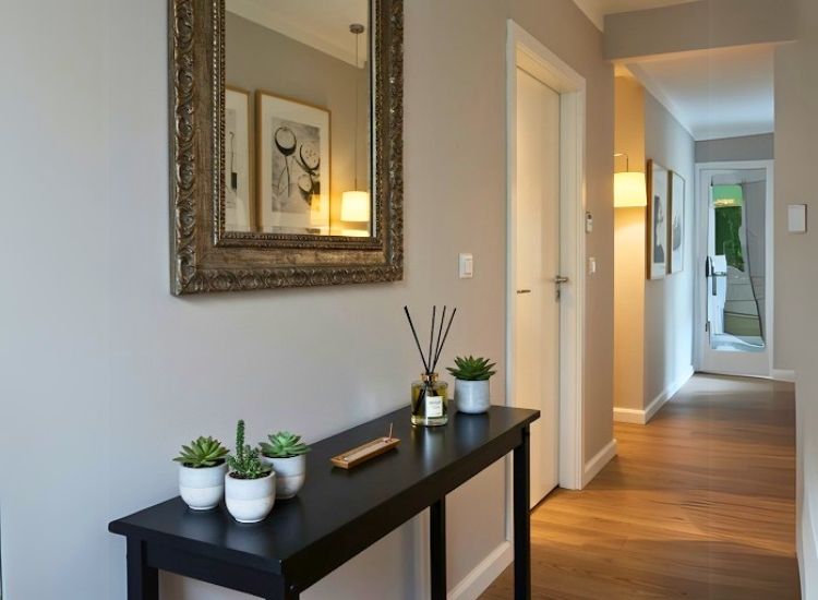 Diffuser or incense corner enhancing foyer entrance design with soothing scents, creating a peaceful and inviting entryway atmosphere.