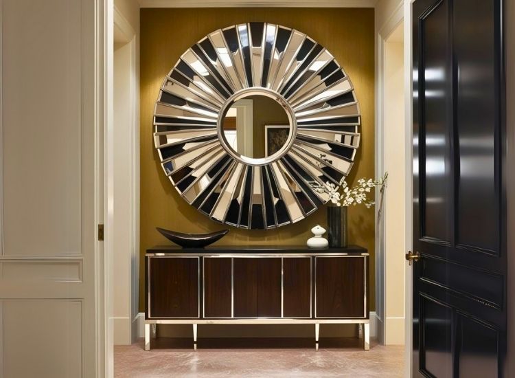 Art deco mirror design adding vintage charm and sophistication to foyer entrance design, creating a luxurious and stylish entryway focal point.