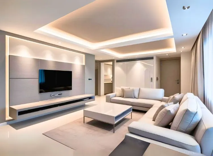 Living room design where the past meets the present—think elegant curtains, a sleek TV wall, and a mirror that might just be a time traveler.