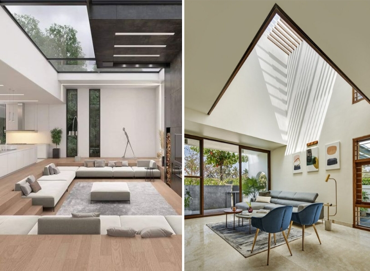 Bright double-height room design with natural light streaming through a ceiling slab, creating a warm and inviting ambiance.