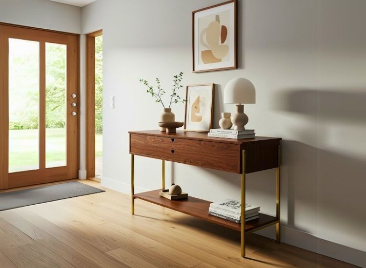 Mid-century modern console enhancing foyer entrance design with clean lines and timeless style, creating a chic and functional entryway piece.