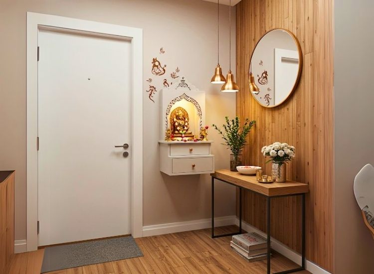 Compact puja shelf in foyer, offering a spiritual touch to the entrance design, creating a peaceful and organized entryway with cultural significance.