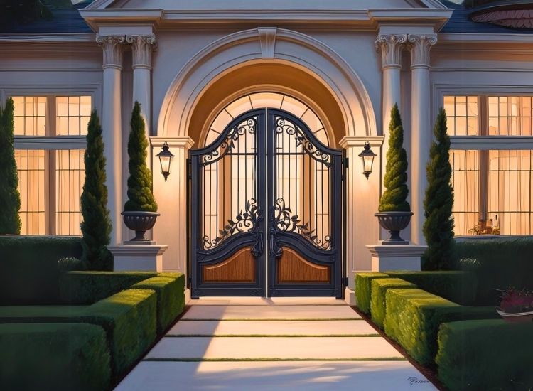 Arched front gate design adding elegance and curb appeal to home entrance design, creating a grand and inviting entryway.