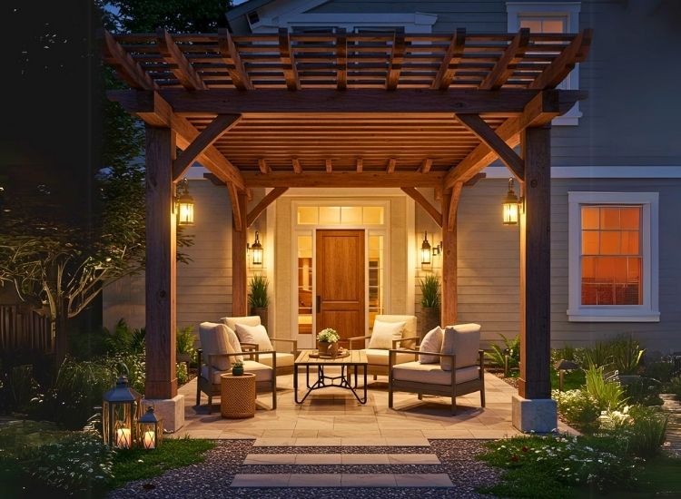 Pergola at entry with seating enhancing home entrance design, offering a cozy and stylish outdoor space for relaxation and a welcoming atmosphere.