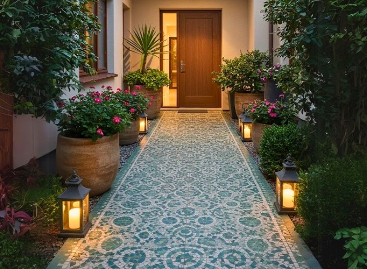 Paver tiles with mosaic patterns creating a unique and vibrant touch to home entrance design, enhancing the gateway with artistic flair.