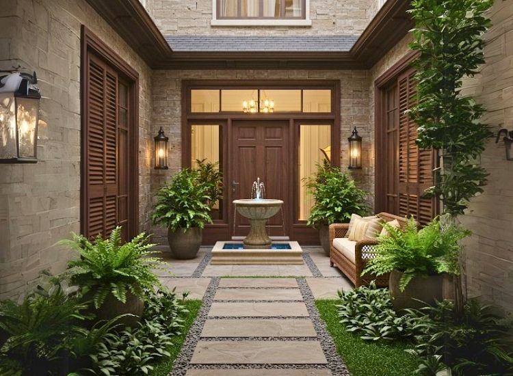 Courtyard garden with a small fountain enhancing home entrance design, creating a peaceful and inviting space with natural beauty.