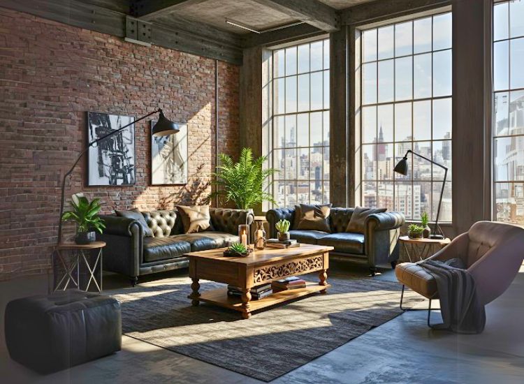 Industrial chic living room with metal furniture, exposed pipes, and a sofa that could probably double as a factory tour guide.