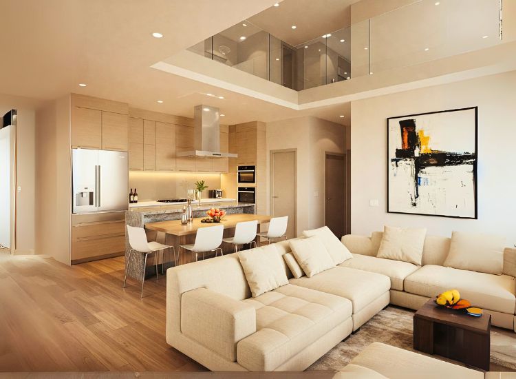 Penthouse design showcasing open-concept living with expansive living areas, unobstructed sightlines, and a fluid transition between the kitchen, dining, and lounge spaces.