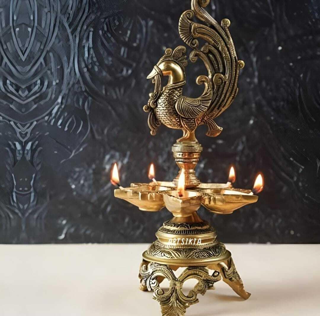 MVs Madh Ventures Brass Peacock Deepak Stand Peacock Over Ethnic Carved Legs