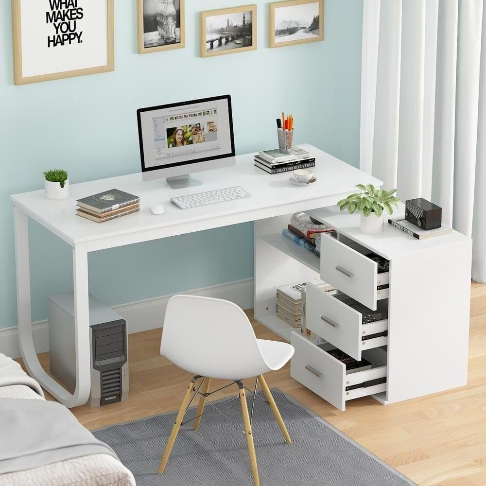 Deskio Large Computer Desk for Office & Home, White L Shaped Desk For office home