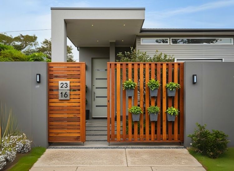 62. Wooden Slat Gate with Planters Design