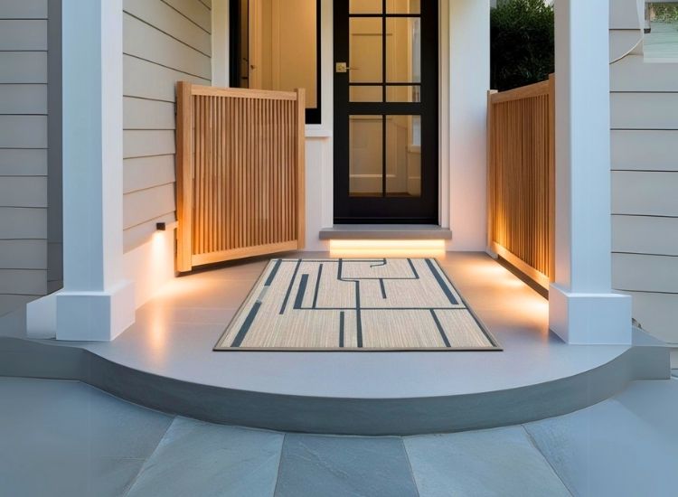 Outdoor rug on porch enhancing home entrance design, adding warmth and style to the house entrance while creating a cozy and inviting atmosphere.