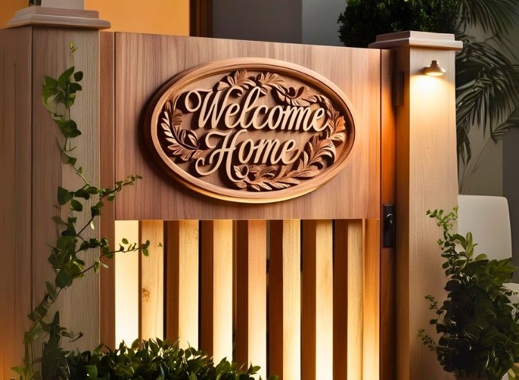 Carved wood nameplate adding a personalized and rustic touch to home entrance design, creating a welcoming and stylish feature for the house entrance.
