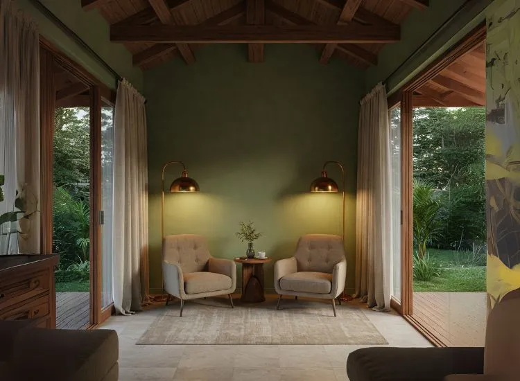 Stylish living room with mood-enhancing colors, showing how warm and cool tones influence comfort, relaxation, and emotional well-being.