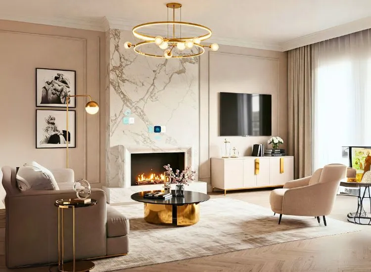 Luxe modern living room design with a velvet sofa so plush, it might just be the throne of your inner royalty