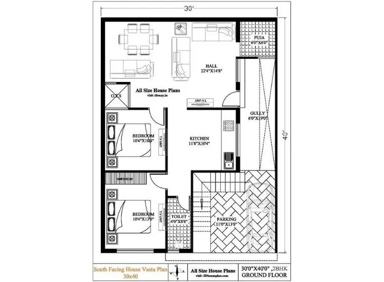 "30x40 ft single floor 2BHK south facing house plan with vastu features and compact front elevation design"
