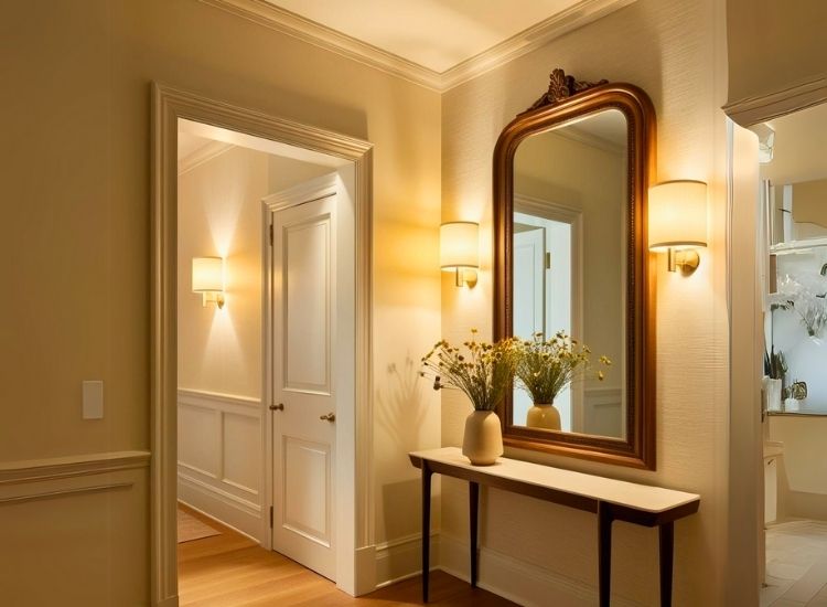 Soft ambient entry foyer lighting with sconces enhancing foyer entrance design and cozy entryway decorating ideas.