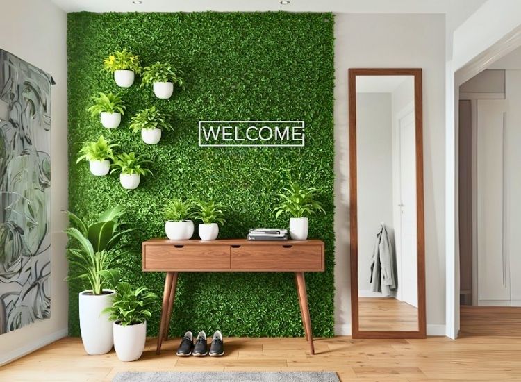 Green wall with welcome signage adding a fresh, inviting touch to home entrance design, creating a vibrant and eco-friendly atmosphere for the house entrance.