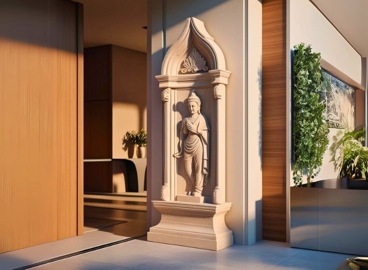 Sandstone entry sculpture enhancing home entrance design, adding an artistic and timeless feature to the house entrance while creating an impressive first impression.