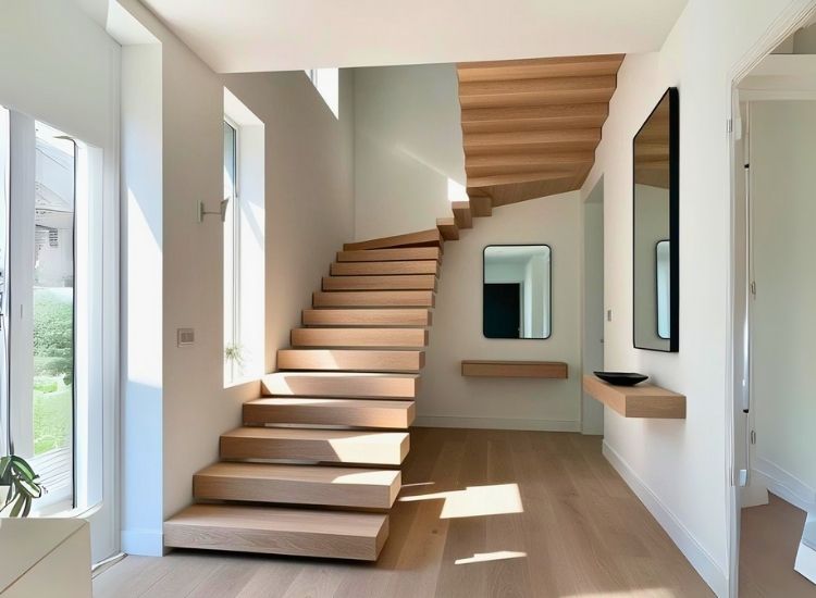 Minimalist floating steps for modern home entrance design, offering a sleek and elegant approach to house entrance aesthetics with clean architectural appeal.