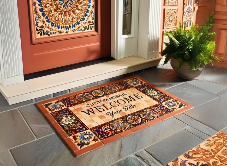 Custom mosaic welcome tile at foyer entrance, blending art with functionality for eye-catching entryway design and warm house entrance décor.
