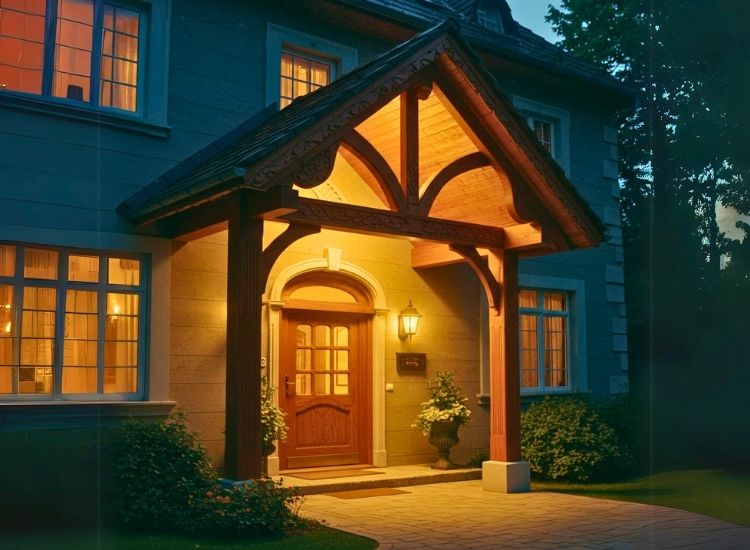 Stylish canopy or portico addition enhancing home entrance design with functional shade and welcoming curb appeal.