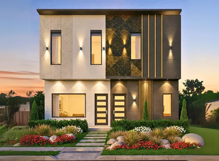 Enhance your two-floor home's elevation with stunning color combinations! Create a stylish and harmonious facade with the perfect hues.
