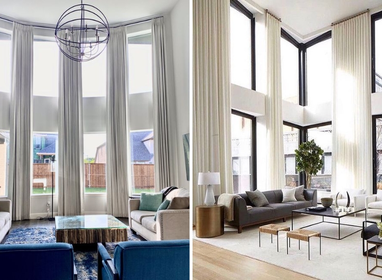 Stylish tall curtains in a double-height living room, creating a dramatic effect while enhancing light and privacy in the space.