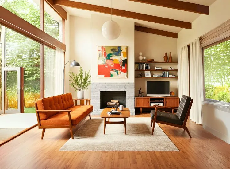 Mid-century modern living room with a stylish sofa, geometric patterns, and a coffee table that could be a collector’s item—or at least look like one.