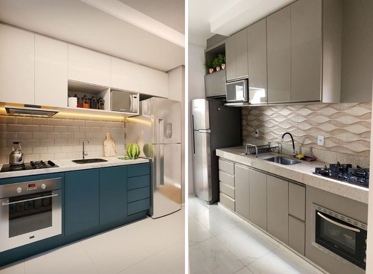Two distinct one-wall kitchen designs, each featuring unique styles and layouts to enhance space efficiency and aesthetics.