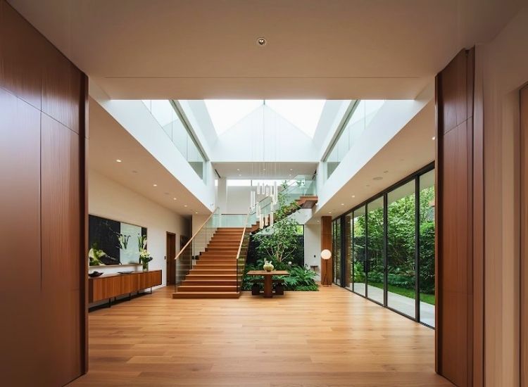 Stunning open-to-sky entrance lobby enhances house entrance design with natural light and modern entryway design ideas.