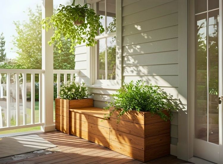 Charming entryway bench with plant containers adds natural flair to foyer entrance design and outdoor home decor.