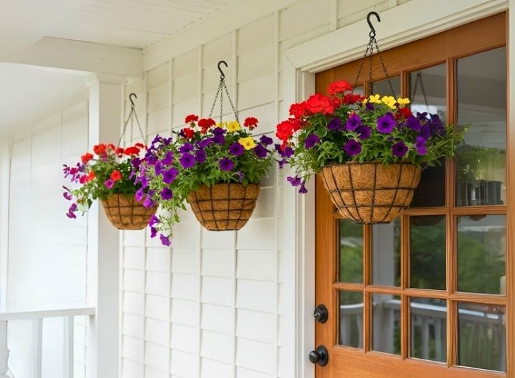 Charming hanging flower baskets add vibrant colors and welcoming appeal to foyer entrance design and outdoor home decor.
