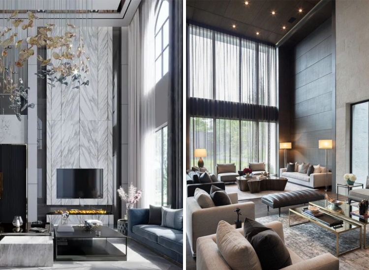 Chic double-height living room showcasing a variety of textures, from plush fabrics to sleek surfaces, adding depth and warmth.