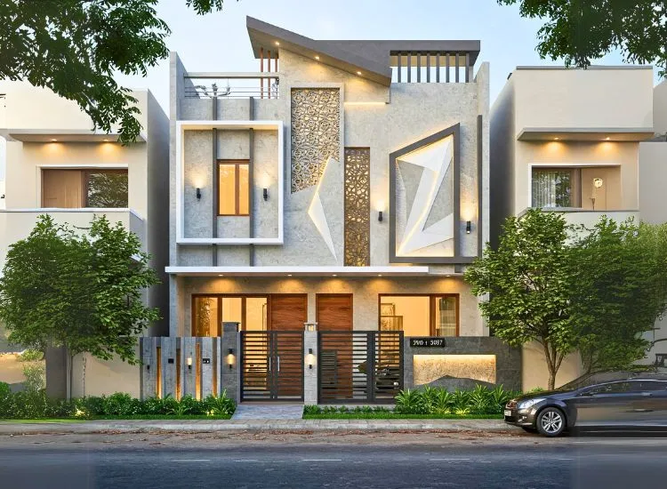 Enhance your home with a modern glass facade design! Sleek and stylish front elevation for a contemporary and elegant house front.