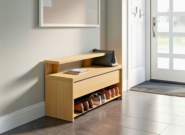 Shoe rack bench combo for efficient foyer entrance design, blending entryway furniture with functional hallway storage.
