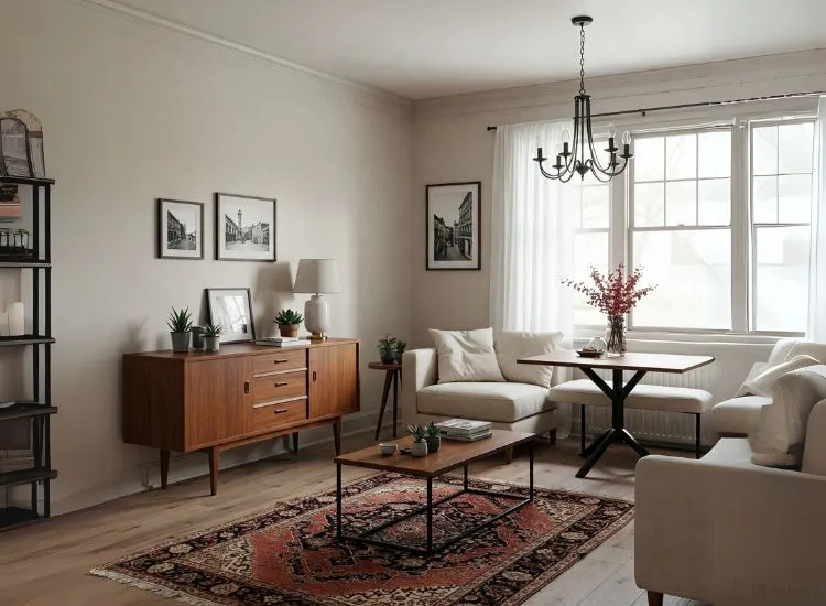 Chic bungalow interior mixing vintage decor pieces with sleek modern furniture, creating a warm, curated comfort aesthetic.