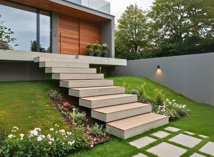 Modern floating staircase entry adds a sleek, stylish touch to the home entrance design, creating a stunning foyer look.