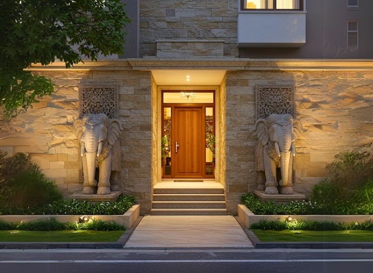 95. Carved Stone Elephant Statue Decor Entry